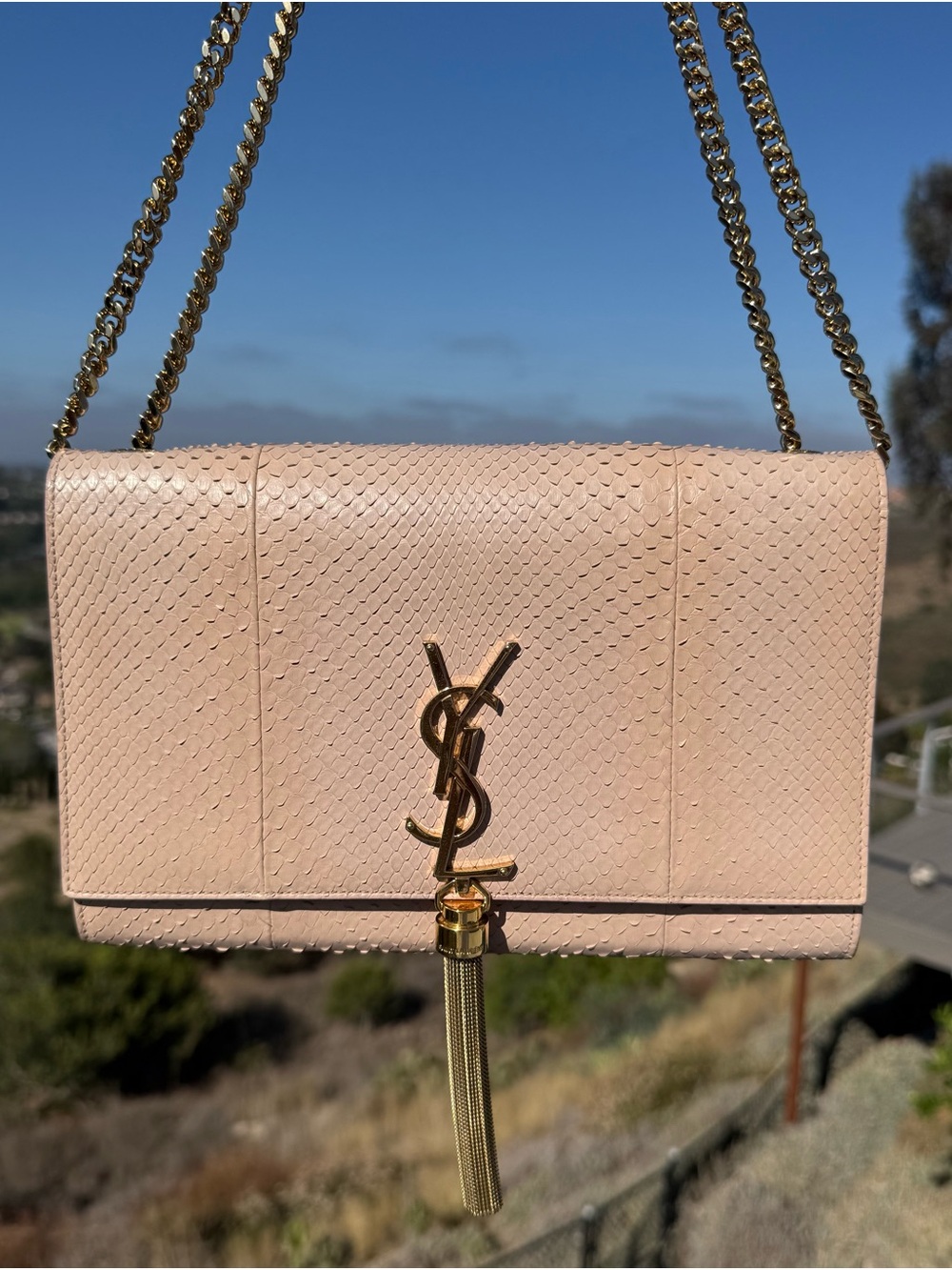 Auth Saint Laurent Python Medium Kate Tassel Bag Blush Pink Beige 2015 w/ COA
